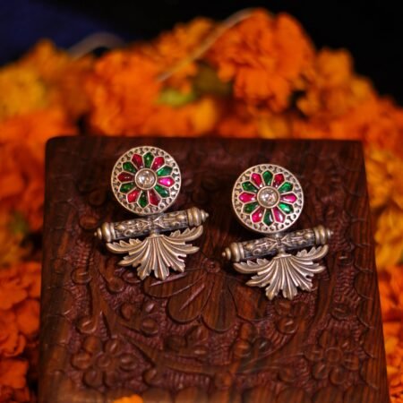 Silver Chakra Stone Work Fusion Earrings