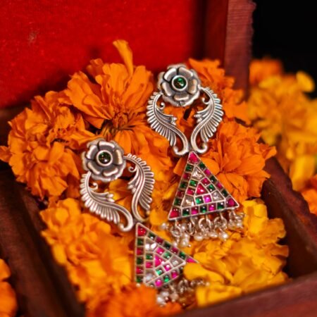 Silver Floral Triangle Stone Work Fusion Earrings