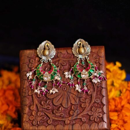 Silver Peacock Chand Gold Stone Work Fusion Earrings