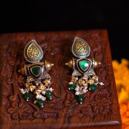 Silver Floral Gold Stone Work Fusion Earrings