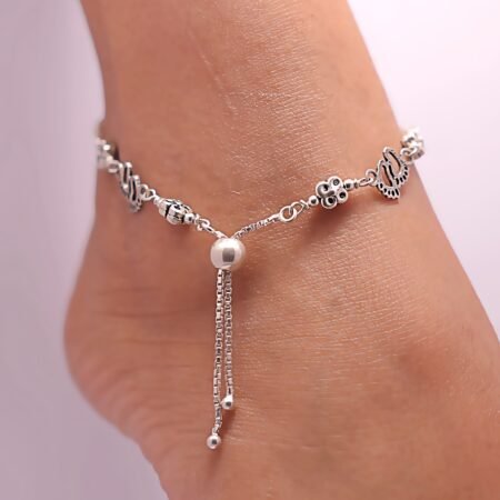 Sterling Silver Charm Flower Shape Ball Chain Italian Anklet