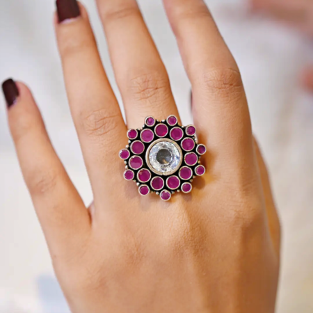 Sterling Silver Traditional Oxidised Pink Cutstone Floral Ring