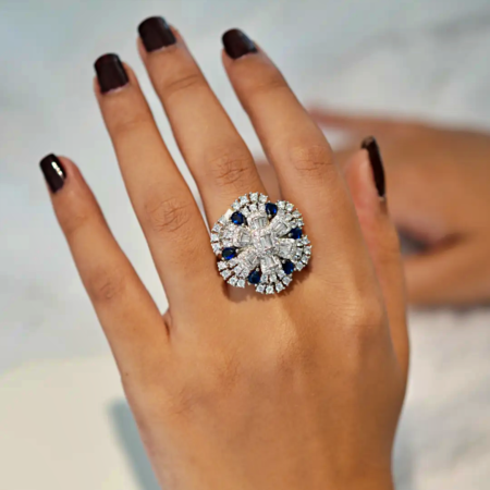 Silver Royal Blue Cutstone AD Modern Floral Ring