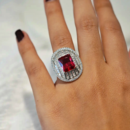 Sterling Silver Royal Red Cutstone Modern AD Ring
