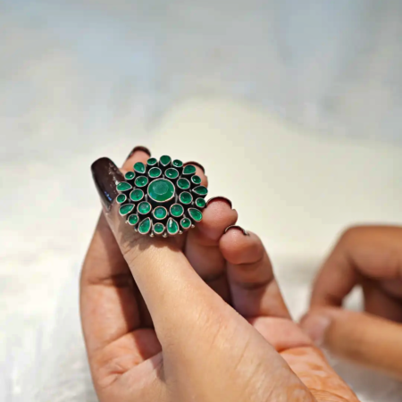 Sterling Silver Traditional Oxidised Green Cutstone Floral Ring