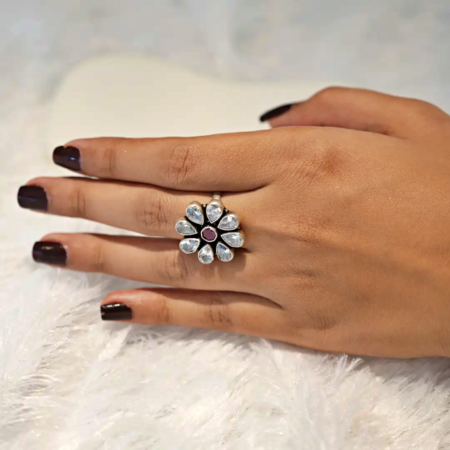 Sterling Silver Pink White Cutstone Floral Ring