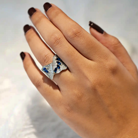 Silver Blue Cutstone AD Modern Ring