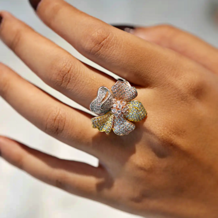 Rose Gold Plated Floral Modern Silver AD Ring